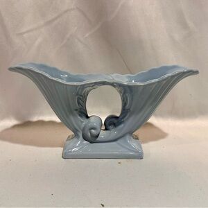 Vintage Blue Ceramic Cornucopia Double Vase Planter Abingdon USA